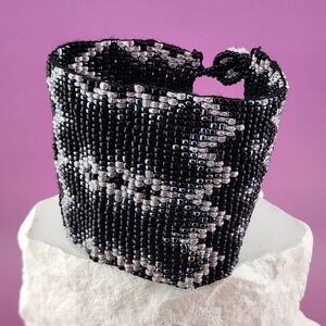 Black White Glass Seed Bead Cuff Bracelet Wide Geometric Boho Statement Jewelry